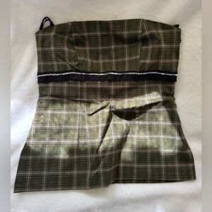 Olive Green Plaid Strapless vintage tube Top
